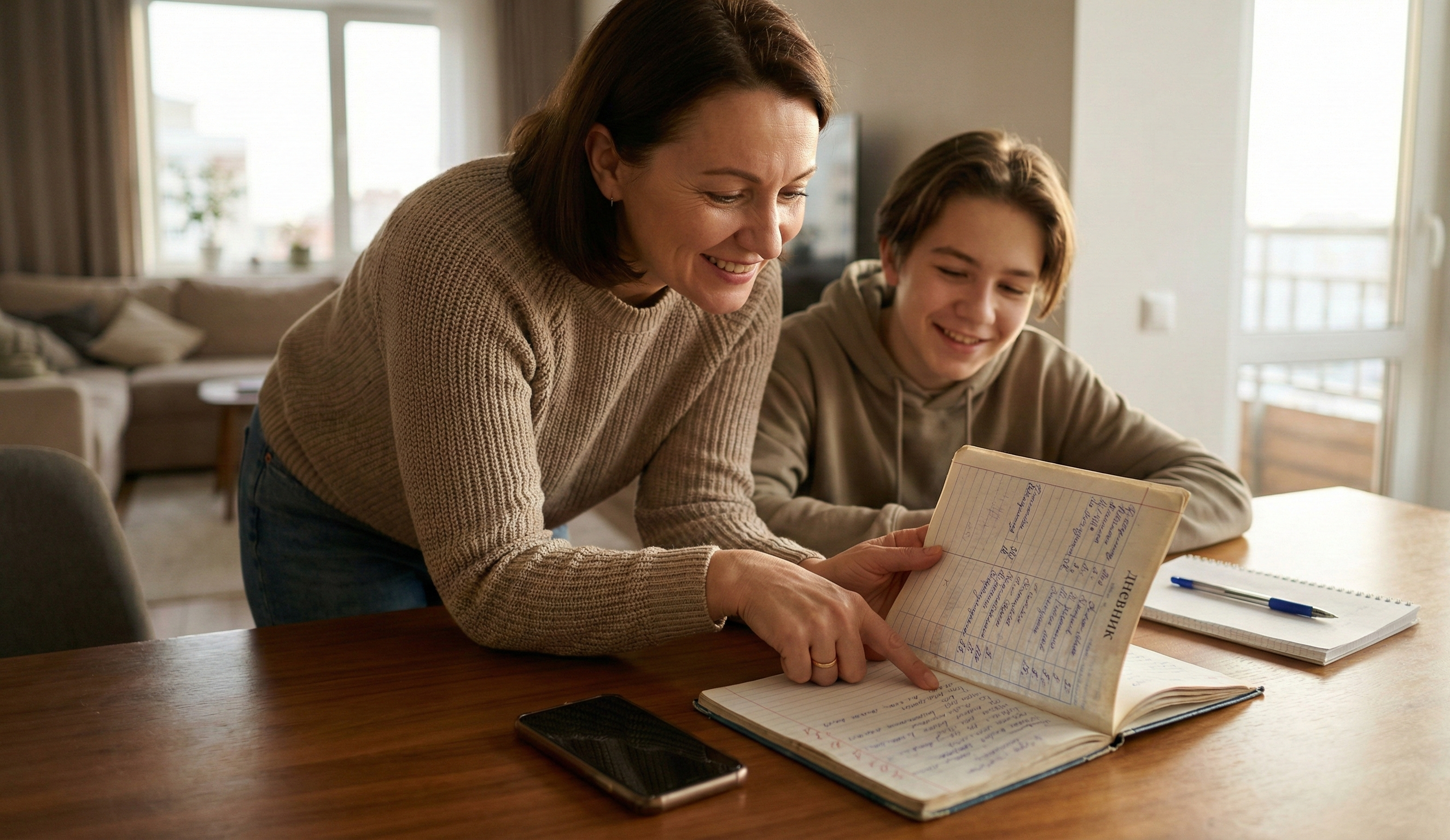 Мама с сыном смотрят дневник