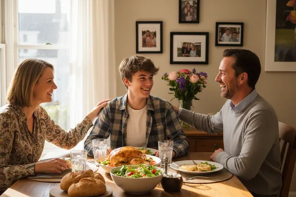 Семья сидит за столом и общается