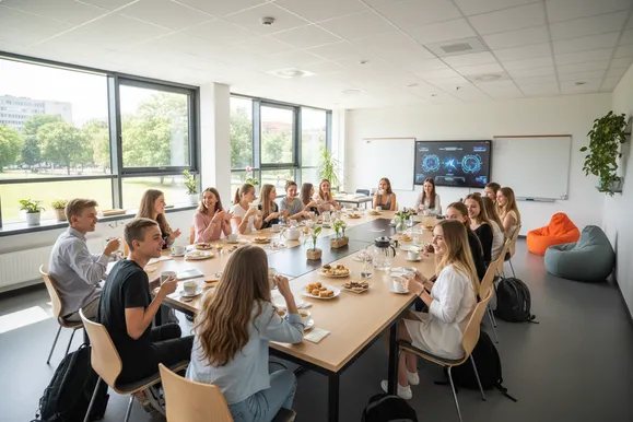 Люди сидят за столом и общаются